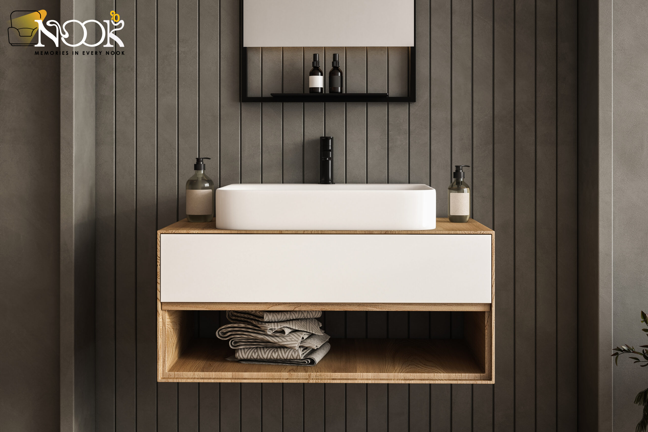chic-bathroom-setup-with-white-sink-soap-dispensers-faucet-mirror-black-wall-background-ideal-showcasing-your-products-stylish-modern-setting-3d-rendering B-RU(10) - Image 1